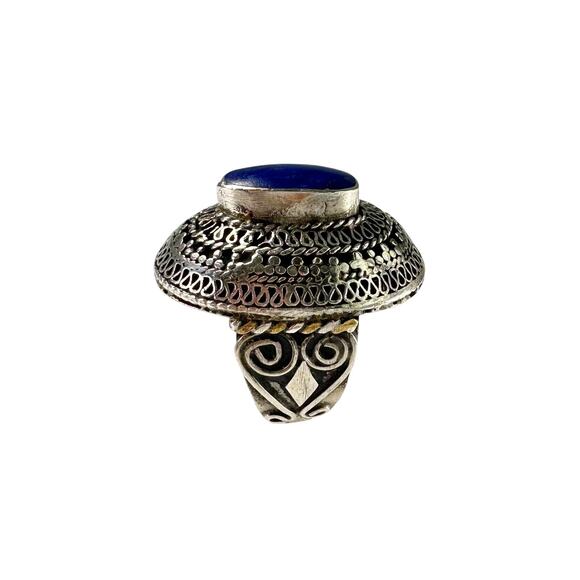 Vintage Afghan Lapis Lazuli Handmade Intricate Silver Uzbek Ring US 7 - 7.25 - Picture 1 of 7